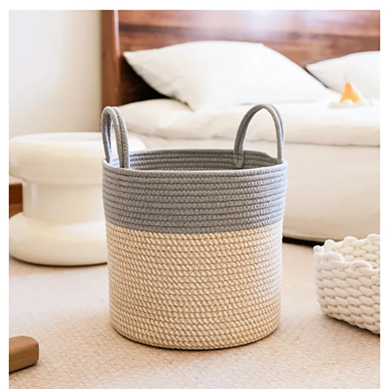 Nordic woven storage basket with handle, dirty clothes basket, circular miscellaneous storage box, toy box, organizing basket