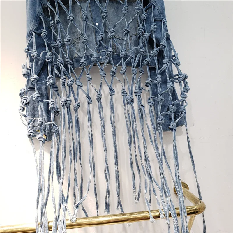 Spring Women Vintage Blue Short Denim Coat Back Cowboy Tassel Hollow Out Design Loose Streetwear Lapel Long Sleeve Jeans Jacket - Image 4