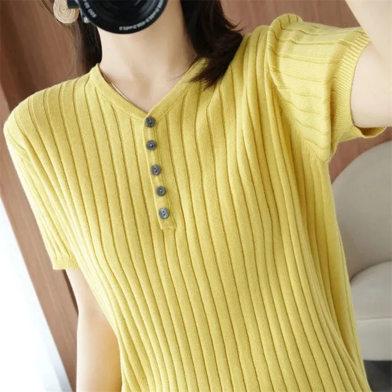 

Spring Autumn Women Sweaters Short Sleeves V-neck Bottoming Shirt Knitwear 2023 Hot New Summer Pullovers Korean Jumpers Knitwear