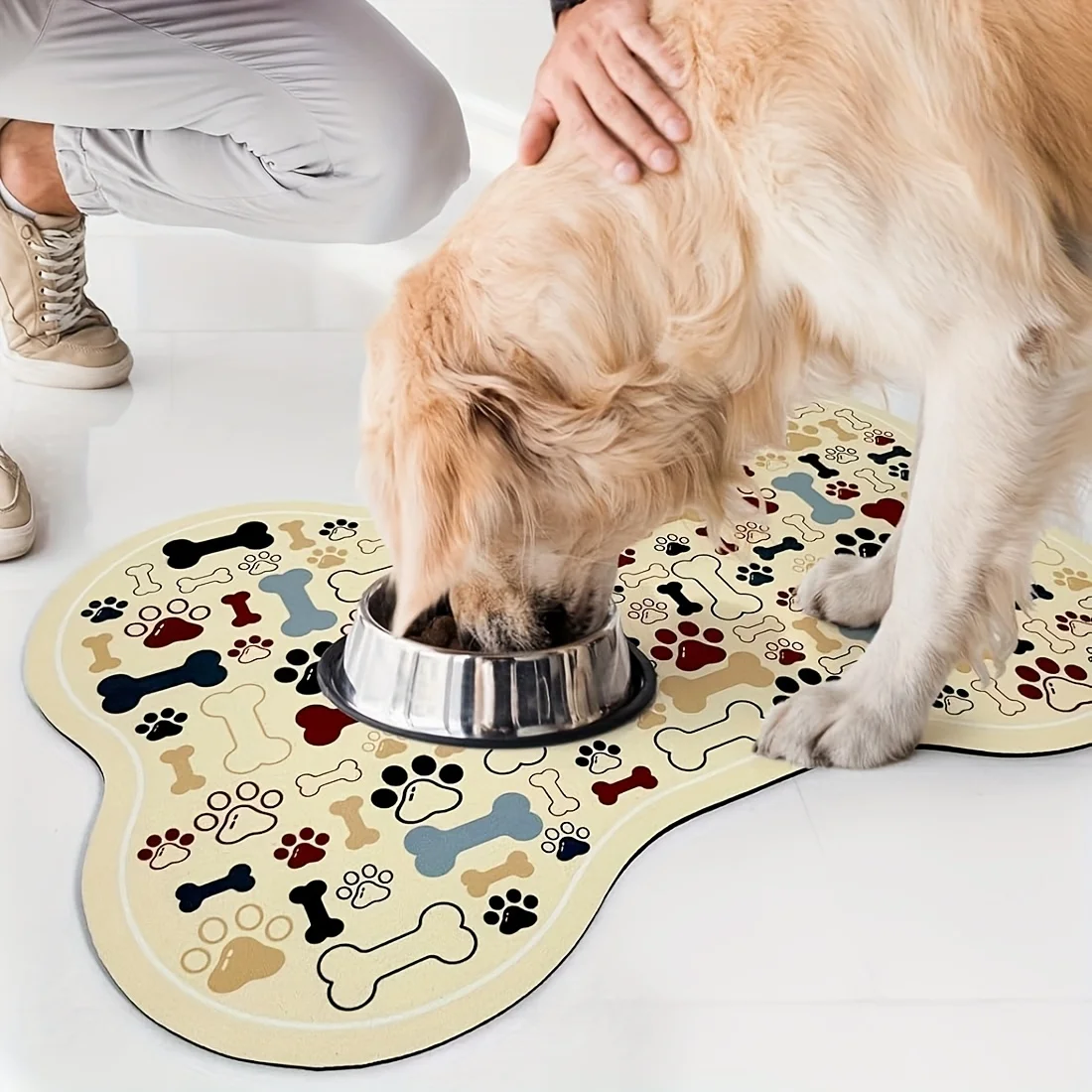 1pc Non-Slip Geometric Fishbone Paw Print Dog Feeding Mat -Pet Food and Water Bowl Pad for Small to Medium Dogs, Easy-to-Clean,