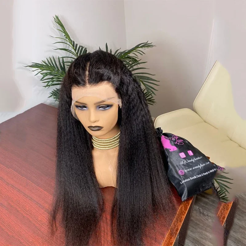 180Density Soft 26''Long Black Kinky Straight Lace Front Wig For Black Women With Baby Hair Preplucked Synthetic Glueiess Daily