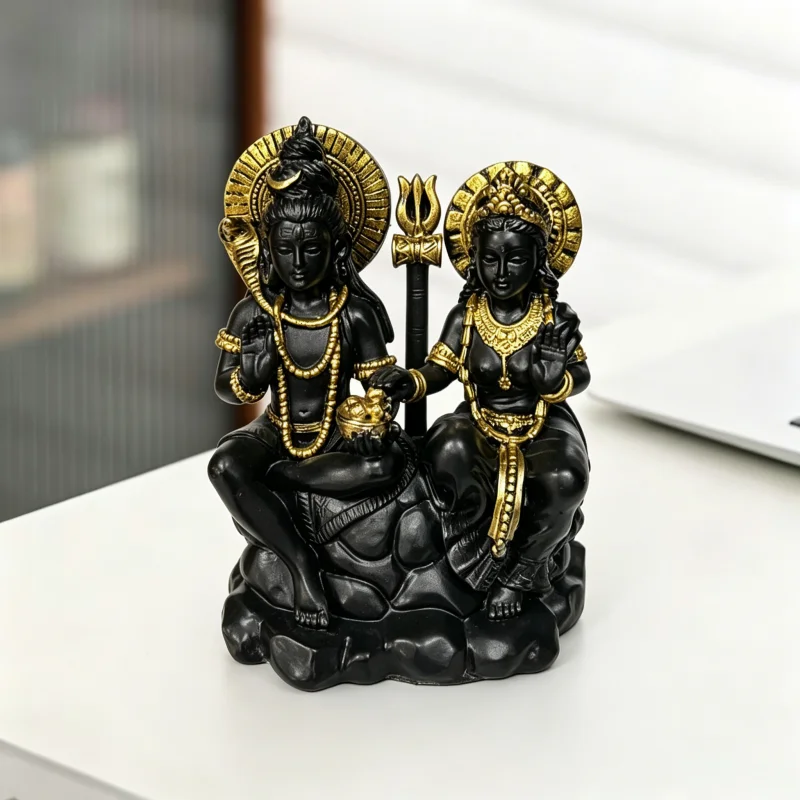Black & Gold Shiva Parvati Resin Statue, Hindu God Goddess Figurine, Puja Worship Home Temple Decor Ornament