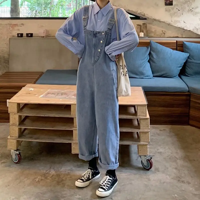 Jumpsuit Denim Wanita Versi Awet Muda Desain Lebar Model Wanita Pinggang Sedang Ramping Ringan Lembut Tipis Halus