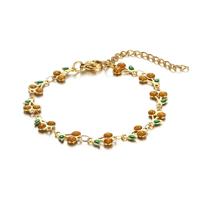 Süßes, niedliches Kirsch-Armband für Damen, Edelstahl-Kettenglied, goldfarben, modisch, bunt, Früchte, Schmuck, Accessoires, Geschenk – Detail 4