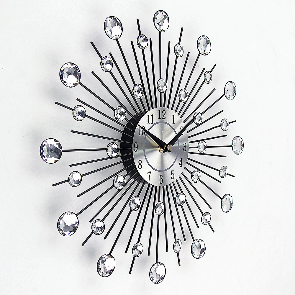 33Cm Nordic Unique Crystal Diamond 3D Metal Simple Art Design Cheap Large Luxury Modern Home Decor Watch Wall Clock Wall