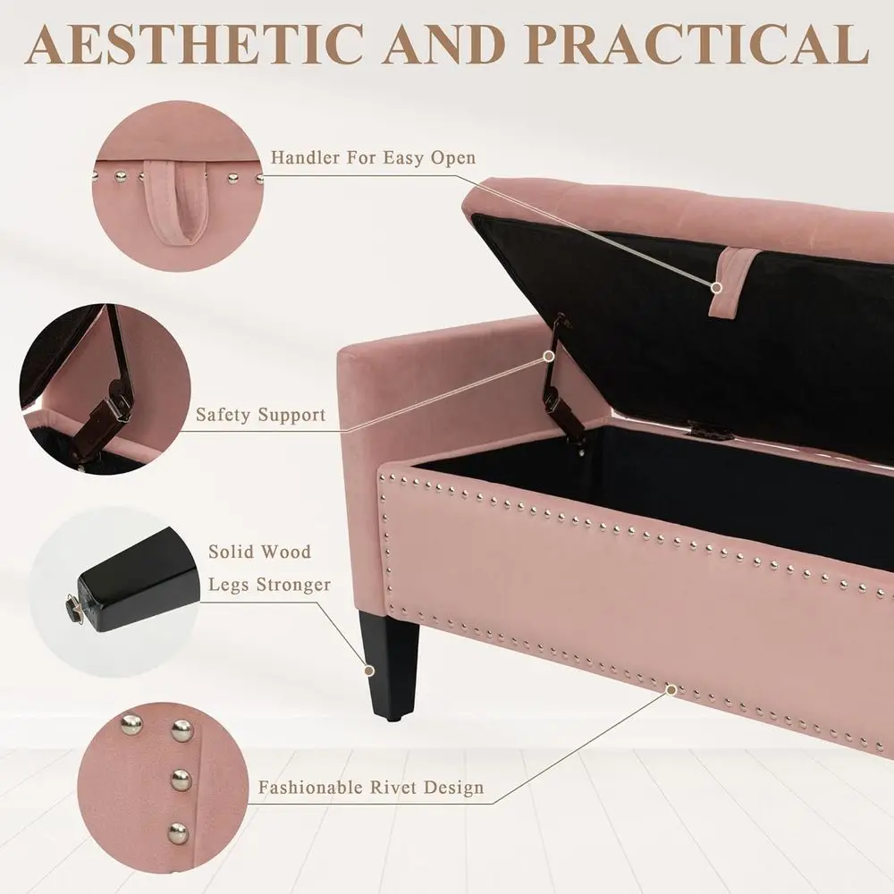 Pink Velvet Storage Ottoman with Button-Tufted Upholstered End of Bed Bench for Living Room, Bedroom, or Entryway view 5