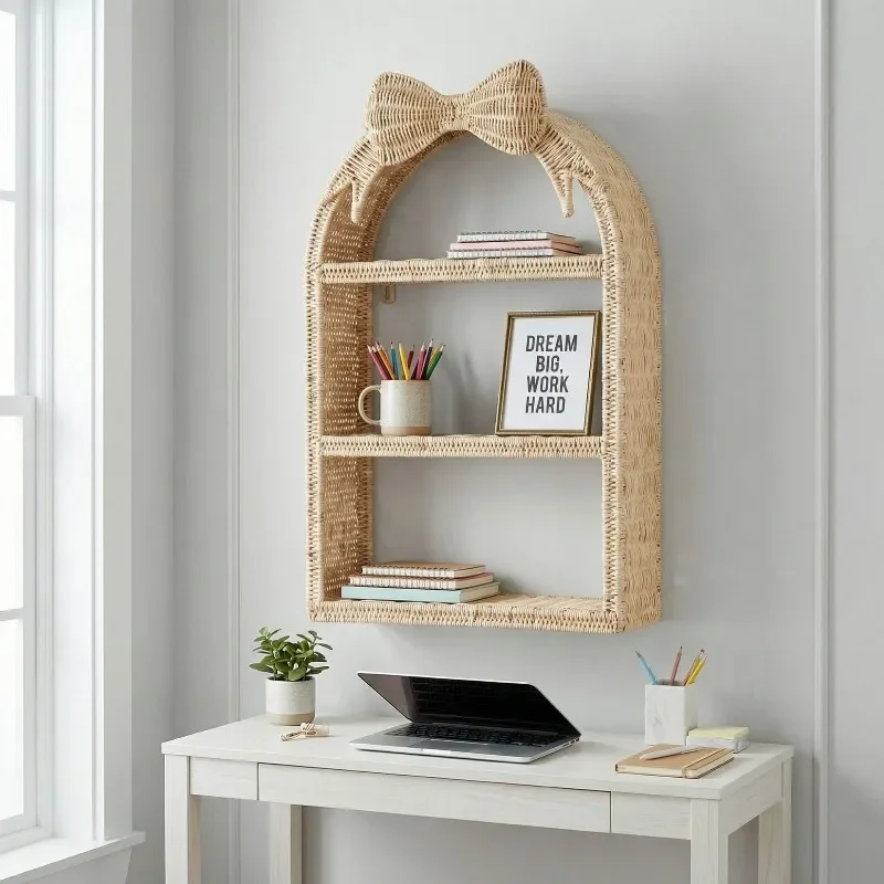 Bowknot Rattan Wall Shelf 3-Tier Woven Wall Mount Storage Rack Bohemian Home Wall Decor Organizer