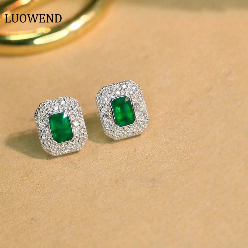 LUOWEND 100% Real 18K White Gold Earrings Women Engagement Stud Earrings Halo Diamond Earring Natural Emerald Jewelry