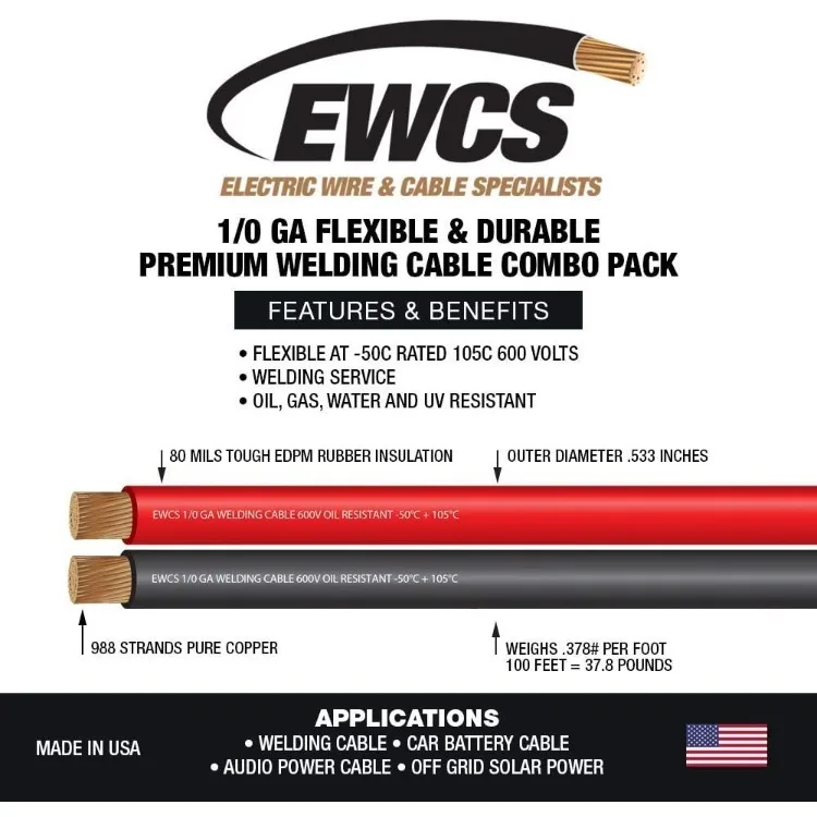 1/0 Gauge Premium Extra Flexible Welding Cable 600 Volt Combo Pack - Black+Red 15 Feet of Each - Made in the USA