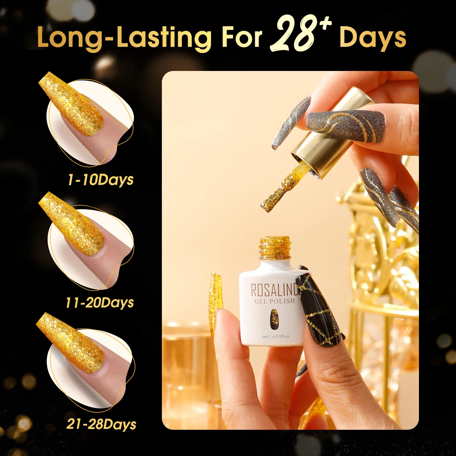 

ROSALIND 6PCS Shiny Gel Nail Set Nail Polish Kits Semi Permanent Soak Off Gel Varnishes Nail Art UV Tool Kits for Nail Art DIY