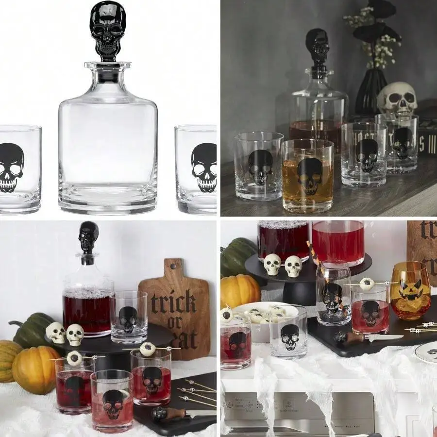 Skeleton-Themed Whiskey Set, 5-Piece Glass Bar Collection