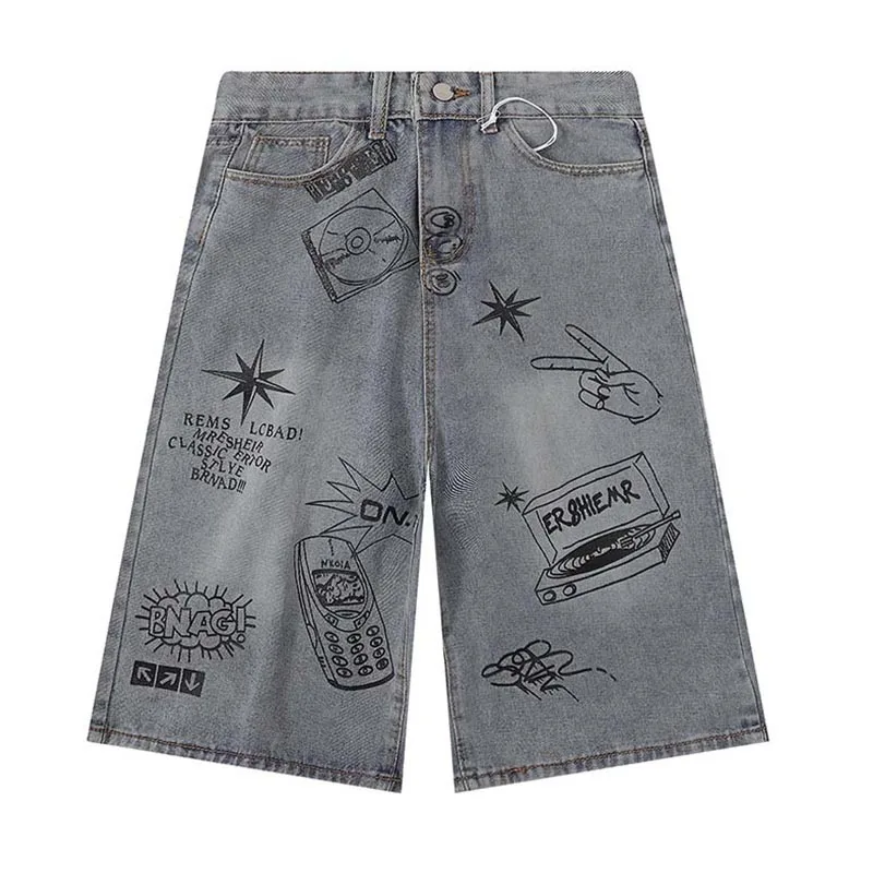 Punk Style Hi Street Graffiti Denim Shorts Straight Loose Streetwear Jeans Shorts For Male Blue