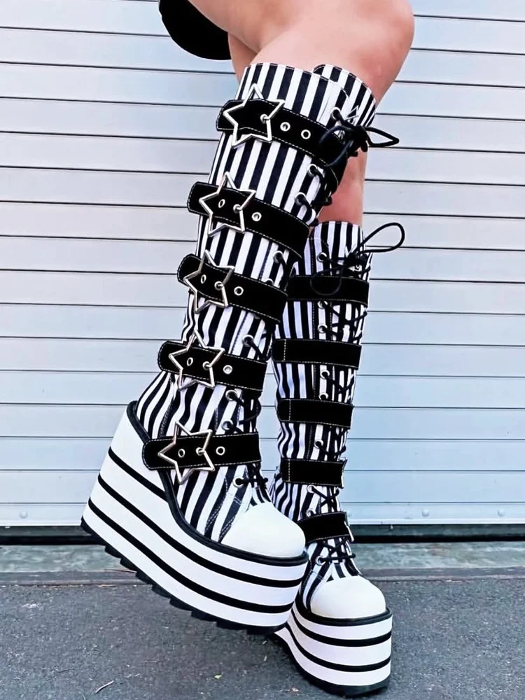 Women Star Buckle Knee High Platform Boots Multi Strap Lace Up Round Toe Striped Wedges Gothic Y2K Punk Street Fashion  Boots