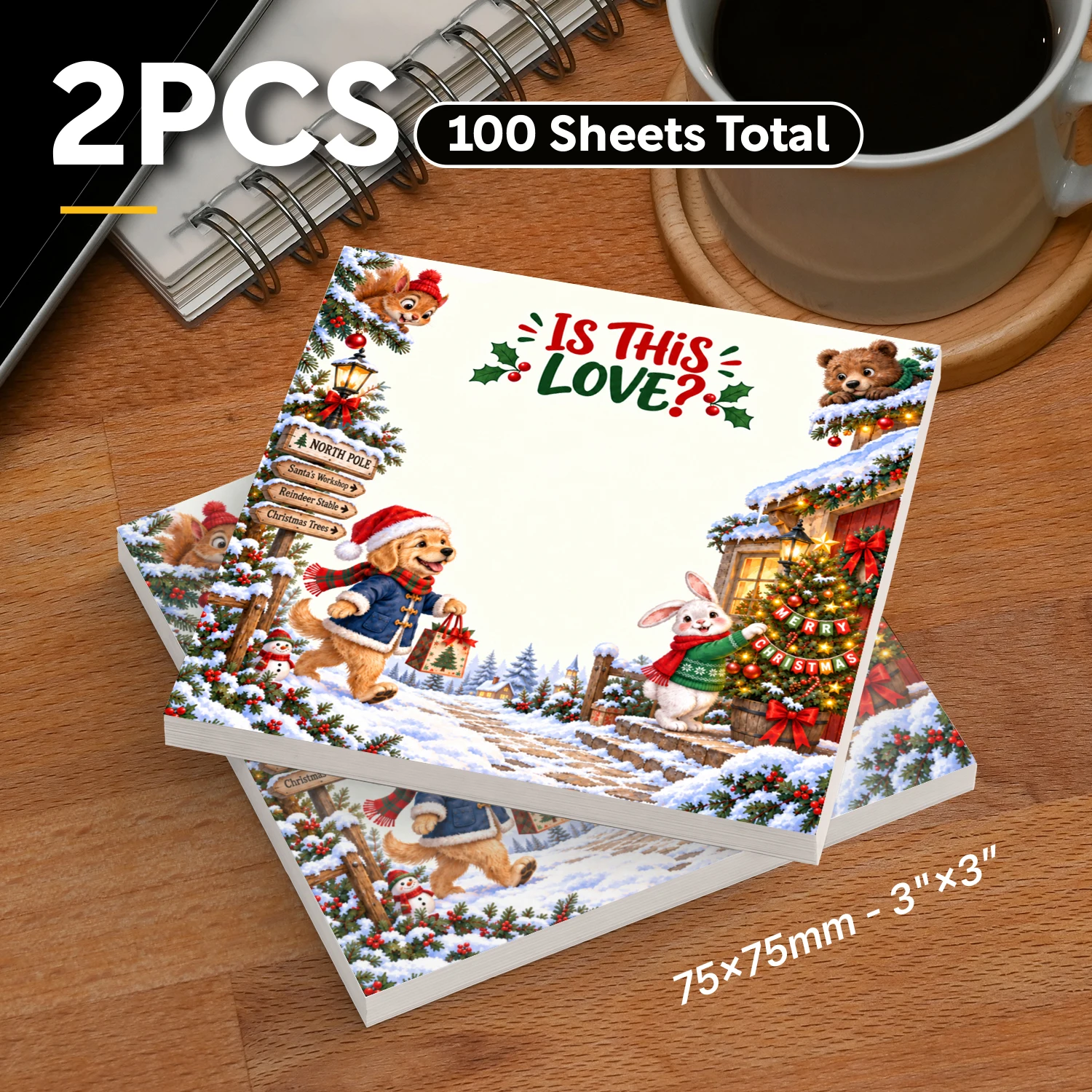 2PCS Christmas Animal Sticky Notes 100 Sheets Cute Dog Rabbit Winter Memo Pads Holiday Writing Notes Office School Stationery