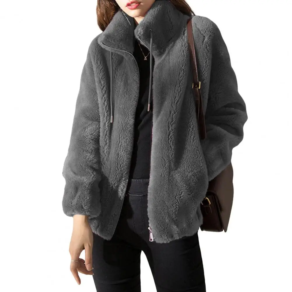 

Women Coat Cozy Double-sided Furry Plush Cardigan Coat With Drawstring Stand Collar Warm Autumn Winter Knitted Jacket For Women