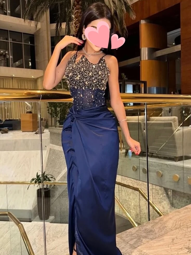 Other Shore Elegant Vintage Sexy Blue Mermaid Pearls Beads Ruffle Customized Formal Occasion Prom Dress Evening Party Gowns