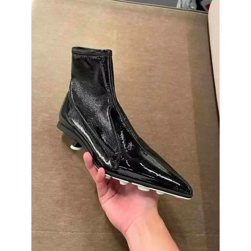 Tall French High Heels, Women's Spring/Autumn Single Boots, Elastic Painted Leather Pointed Toes Stiletto Slender Ankle Boots