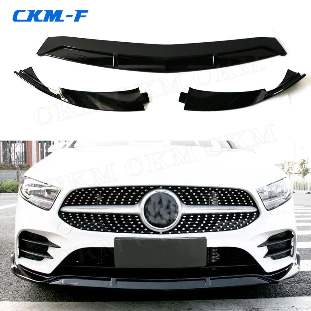 

ABS Black Front Lip Spoiler Splitters for Mercedes Benz A Class W176 A200 Sport 2019 3 PCS/Set Head Bumper Chin Guard