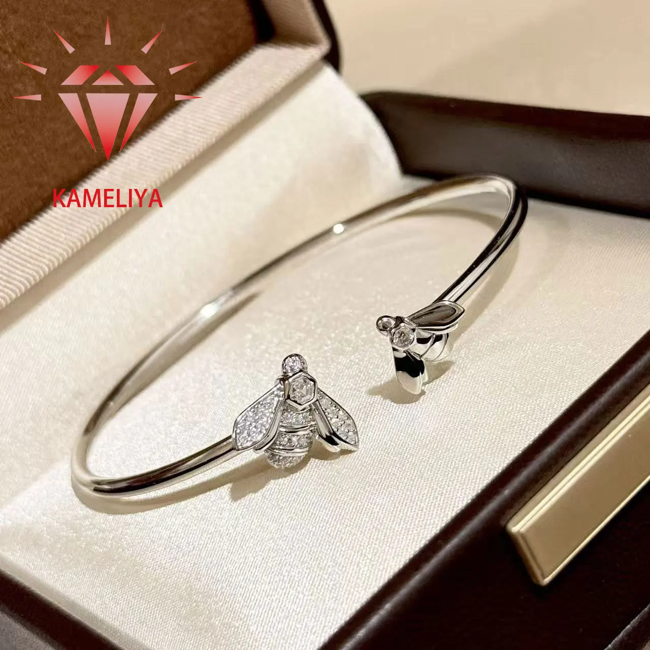 

KAMELIYA S925 Sterling Silver Bee Bangle for Women Honeycomb Open Bracelet Birthday Party Gold Plated Zircon Fine Jewelry Gift