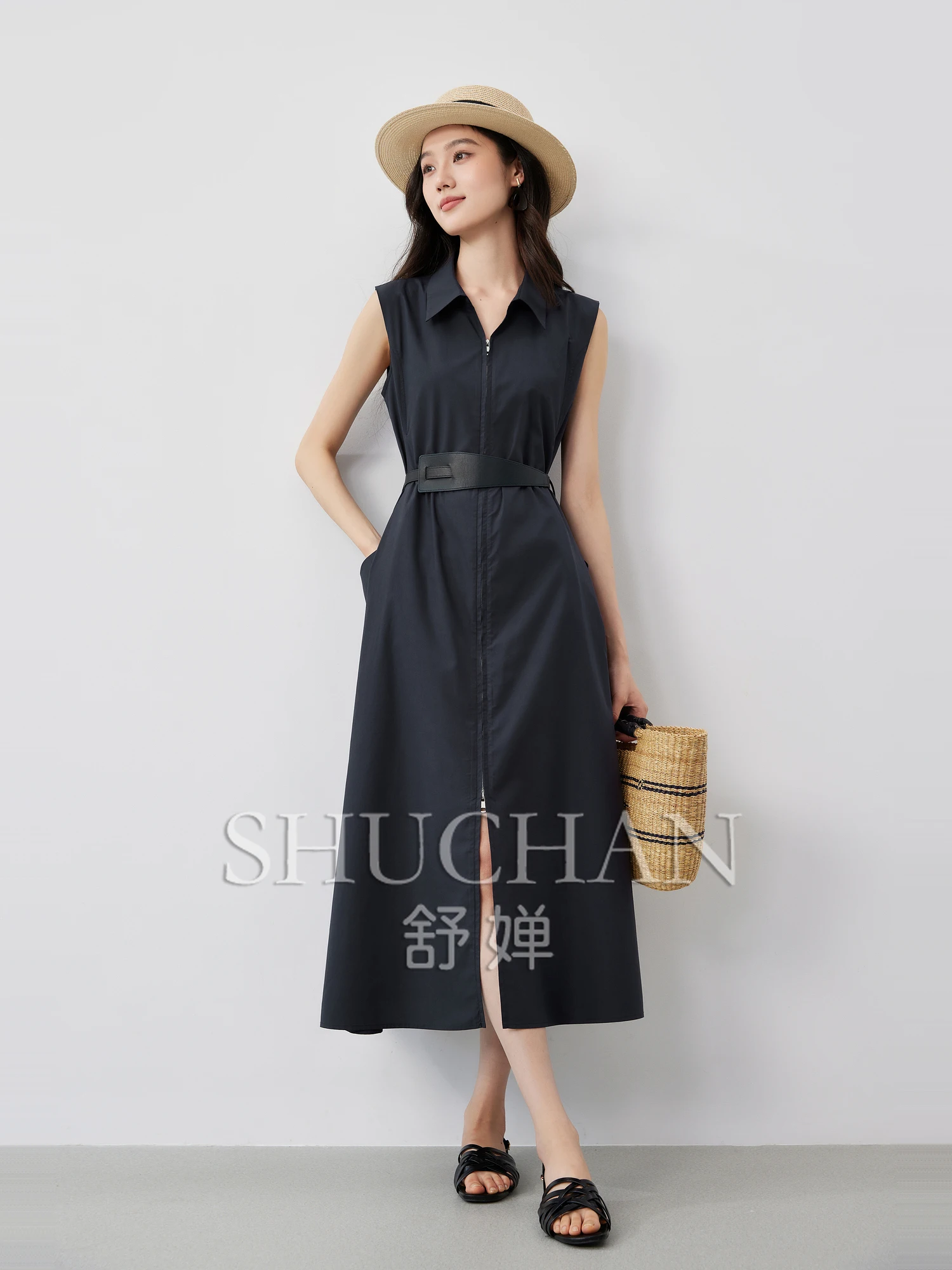 

Summer Good Quality, Simple Commuter Style, Wide-edge Waist Seal, Double-open Zipper Shirt-style Flip-V-neck Sleeveless Dresses