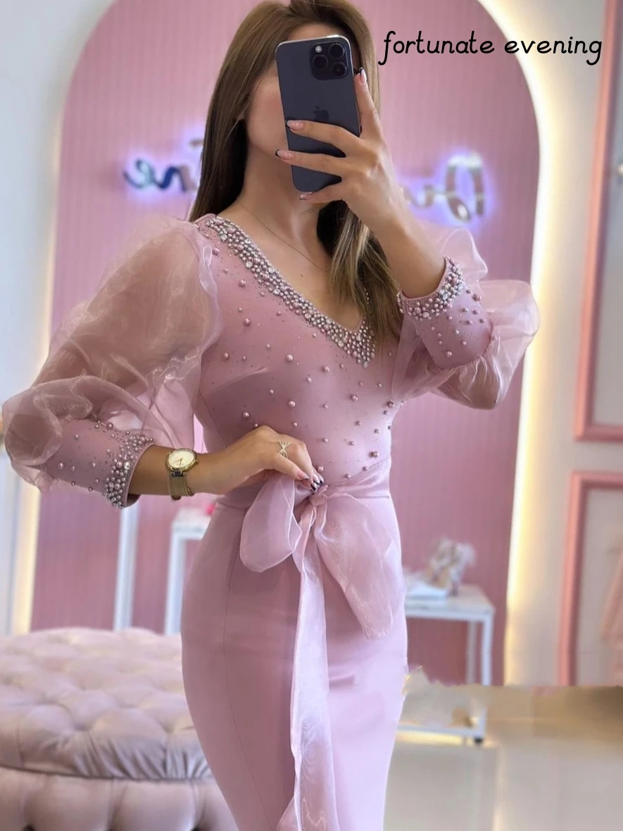 Gelukkige Avond Elegante Vintage Roze Zoete Parels Lint Strik Kristallen Kralen Formele Gelegenheid Prom Jurk Avondjurk Feestjurken