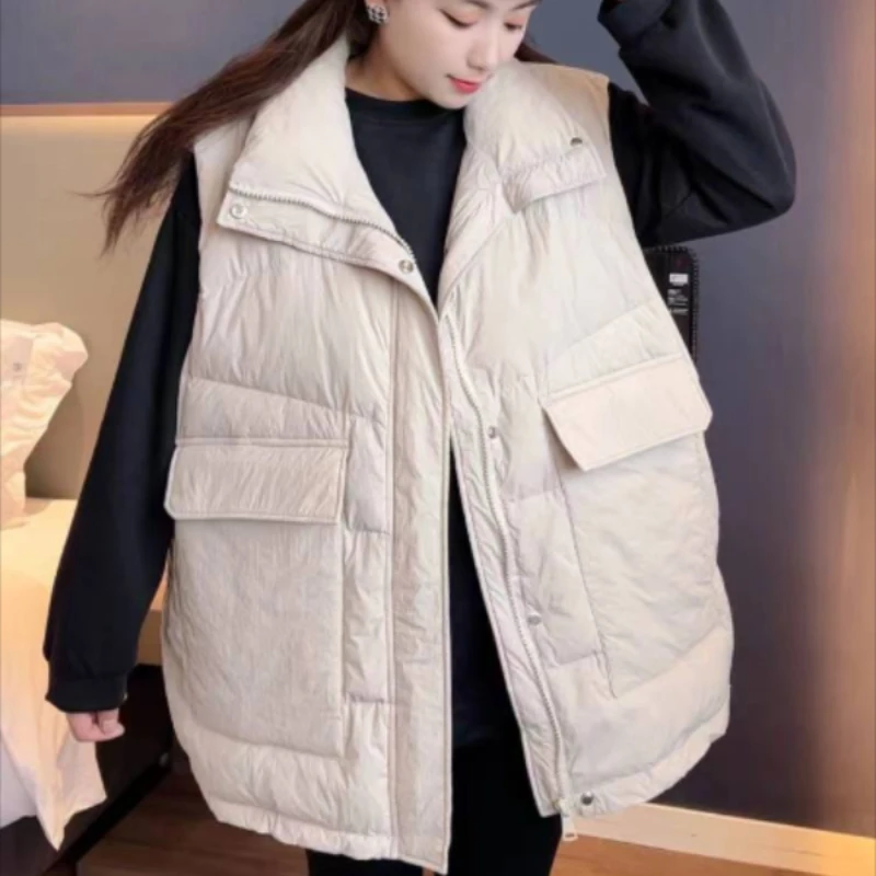 Women's Mid-length Waistcoat, Sleeveless Parkas, Down Vest, Thick Warm Puffer Vests, Korean Outerwear