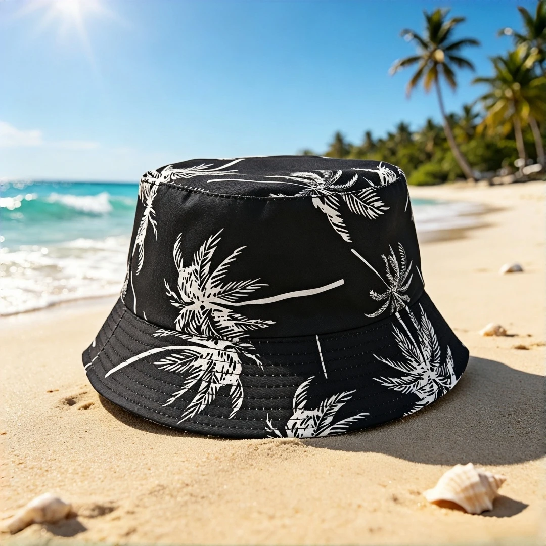 Tropical Palm Tree Print Bucket Hat for Men Women Black White Coconut Pattern Fisherman Cap Lightweight Foldable Beach Sun Hat O