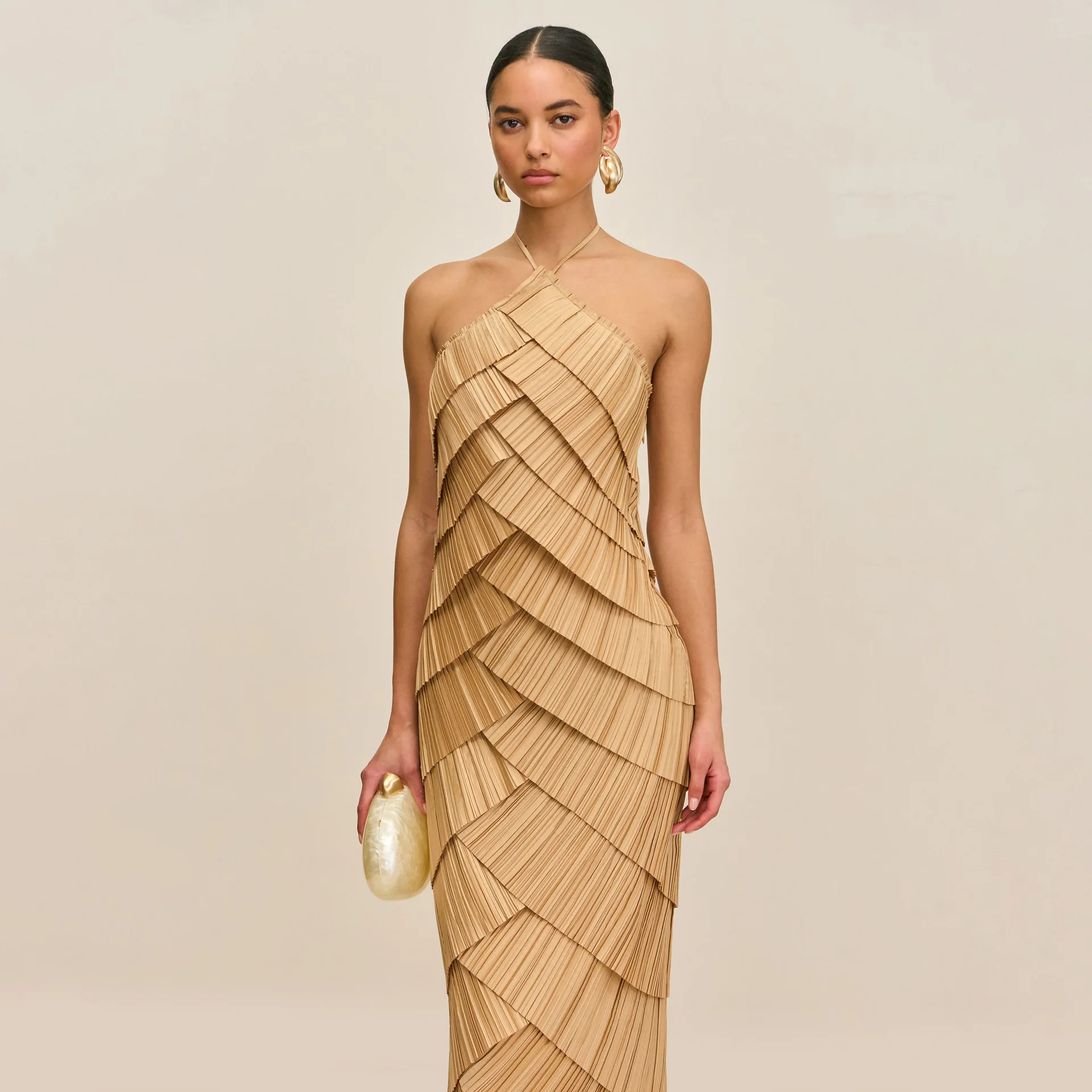 Women's Casual Dresses Women's Clothes Evening Dress, Sleeveless Halter Dress, Pleated Layered Design Neck Dress