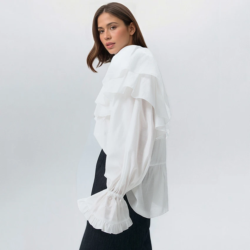 Linad Jesienna Vintage Bluzka z Falbankami Biała Koszula Street Chic Rozkloszowane Rękawy Zapinana na Guziki Elegancka Bluzka Damska z Stójką 2025