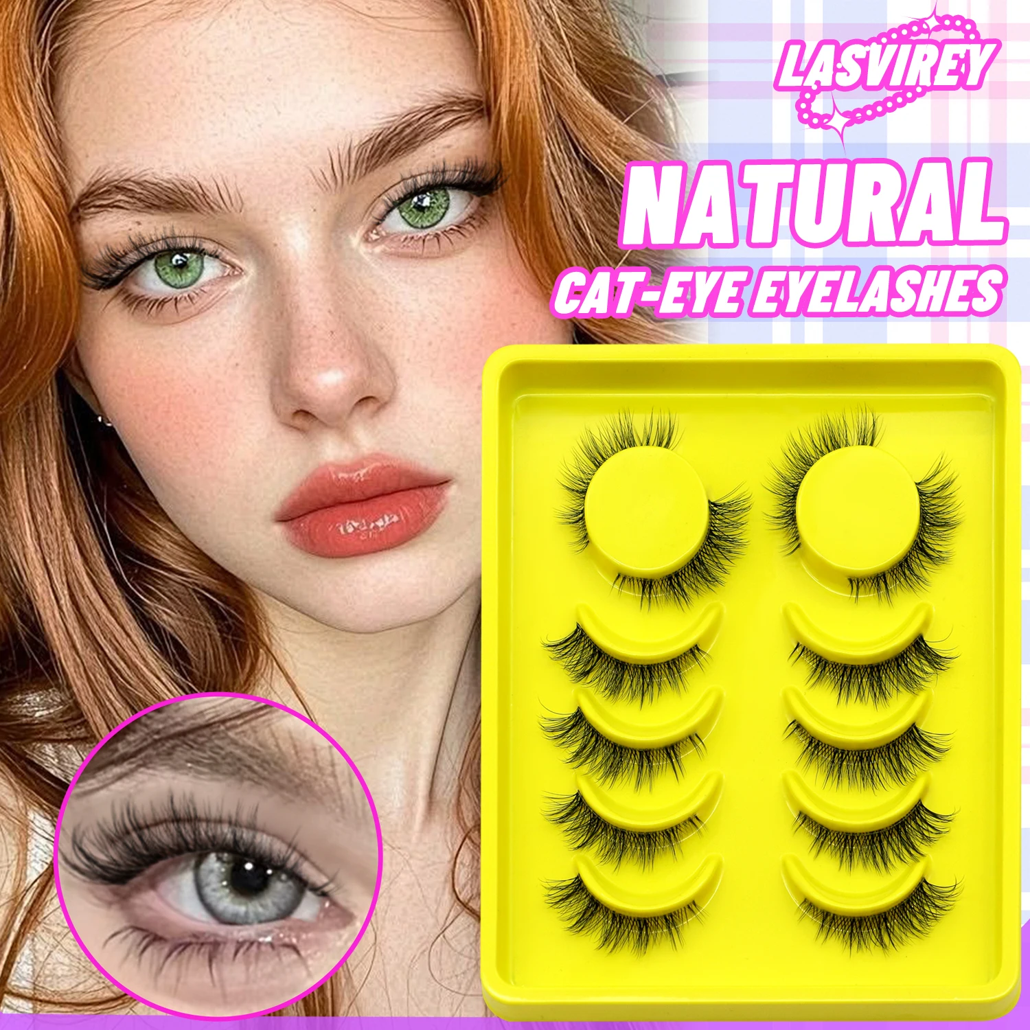 LASVIREY Flauschige Katzenaugenwimpern, natürliche Locken, falsche Wimpern, flauschiges Volumen, klares Band, natürliche lange 3D-Faux-Nerzwimpern