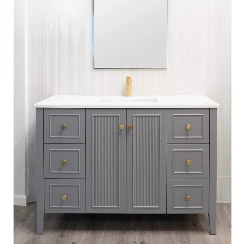 خزانة حمام مطلية بالخشب الصلب الريفي، مجموعة خزانة حوض غسيل أرضية من السيراميك #2