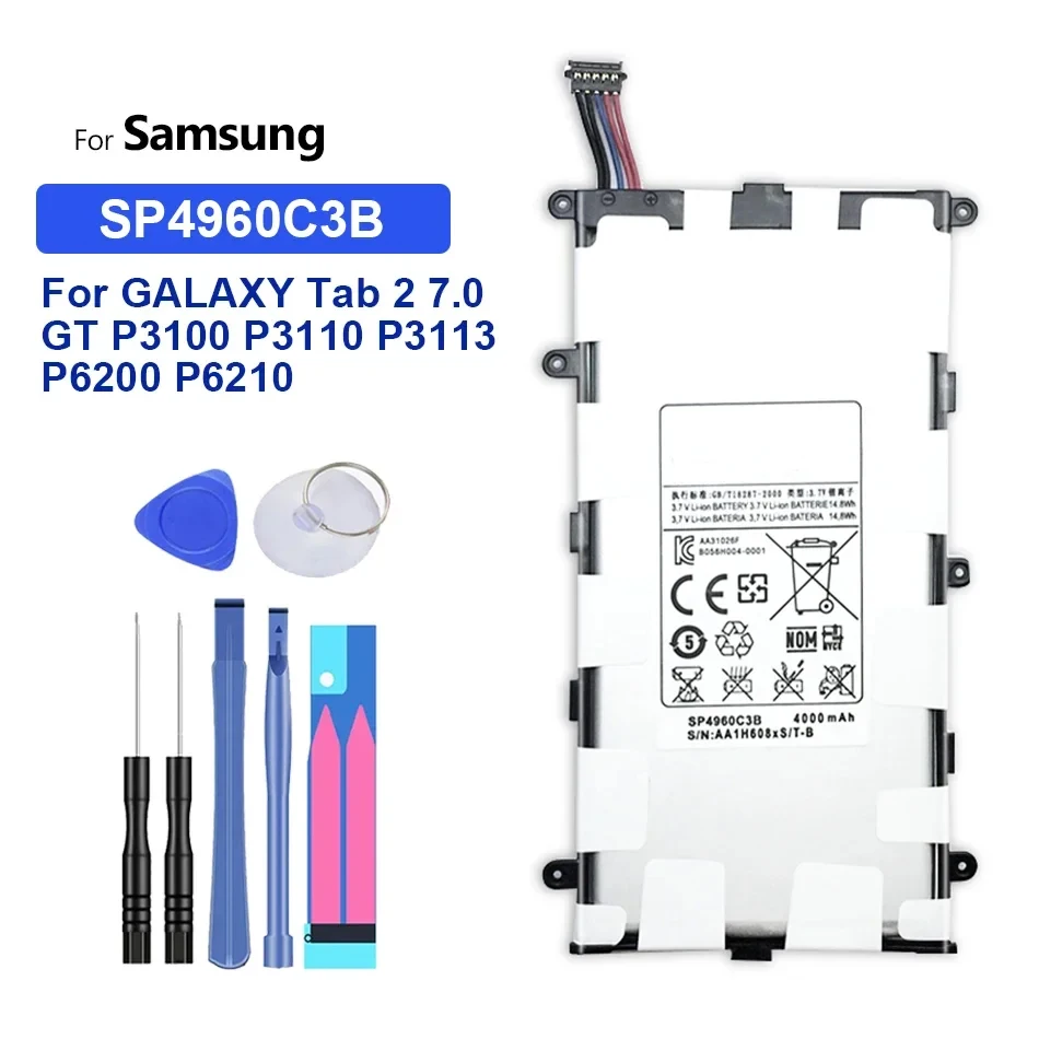 Battery for Samsung Galaxy Tab2, Tab 2 7.0 Plus, SP4960C3B, 4000mAh, GT-P3100, P3100, P3110, P6200 + Tools