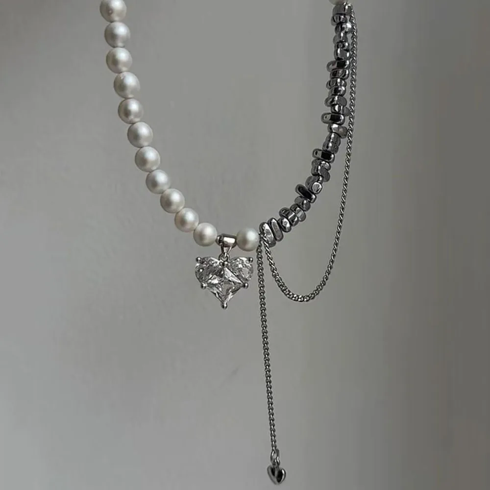 New Irregular Choker Vintage Tassels Zircon Heart Pendant Necklace For Women Female White Imitation Pearl Chain Valentine's Gift