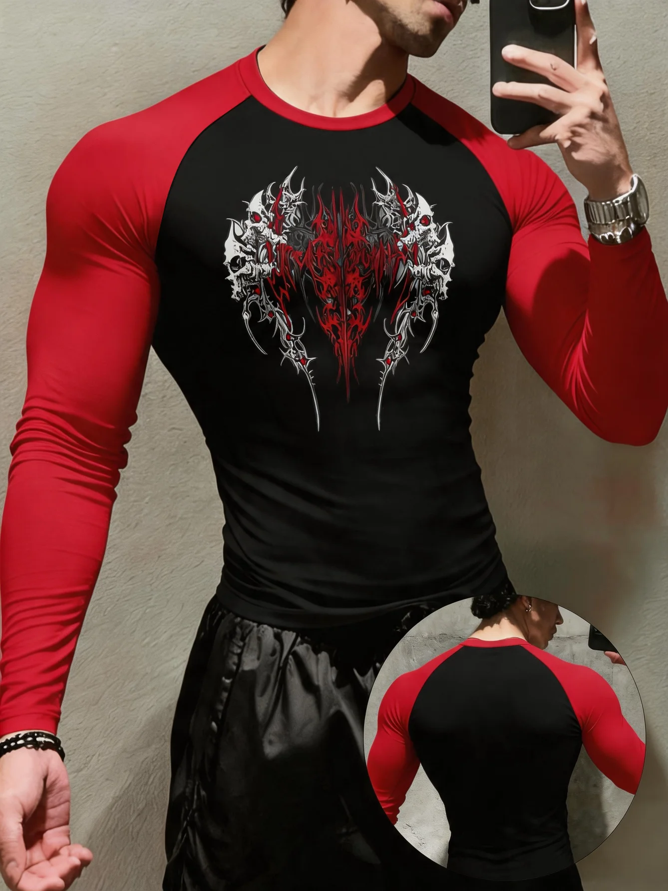 Men's Biker Style Long Sleeve Gym Tee Black Red Skull Print Raglan Sleeve Bold Heavy Metal Workout Top