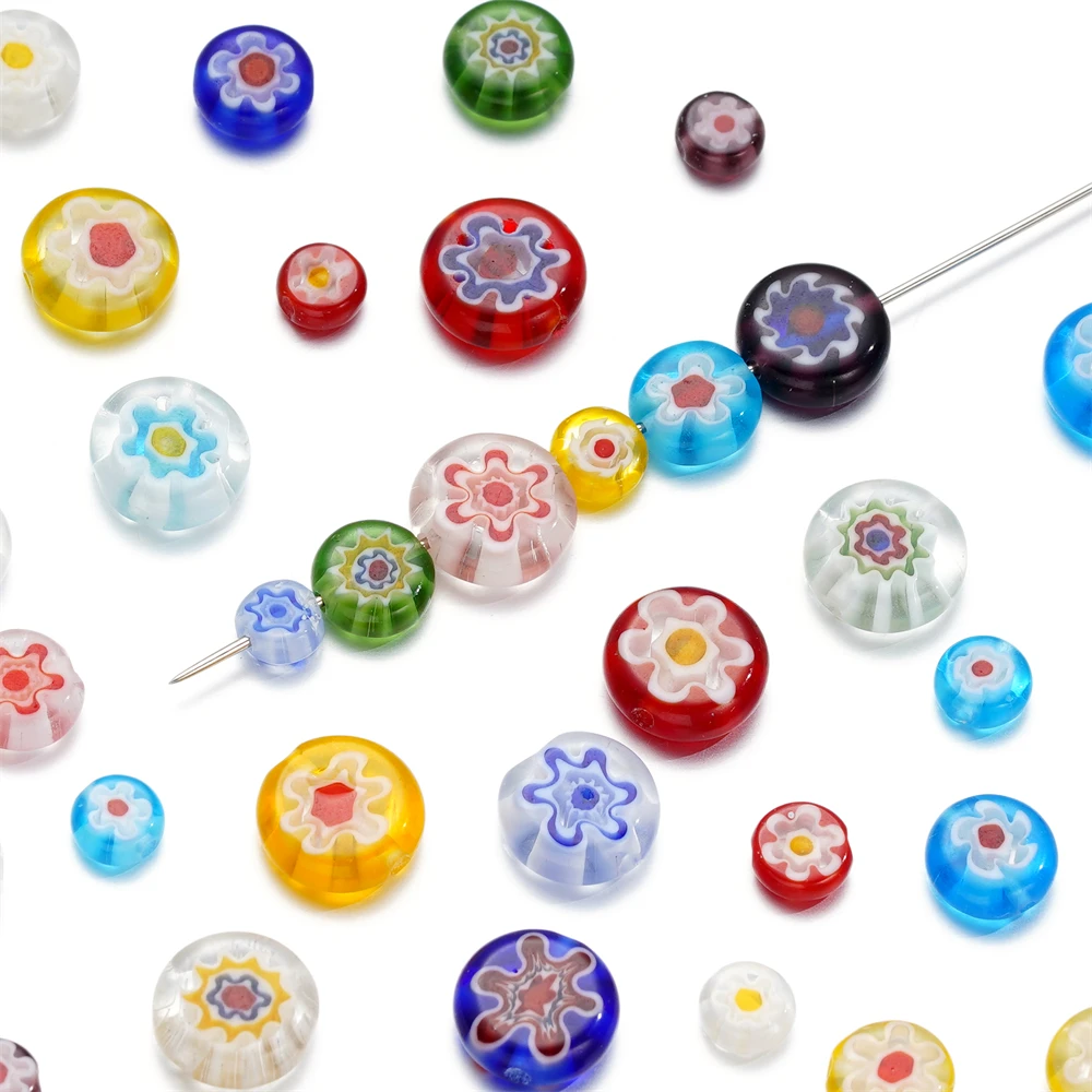 

6/8/10mm Mixed Oblate Flower Lampwork Glass Beads Flat Round Rondelle Beads For Jewelry Making Necklace Bracelet DIY Accessories
