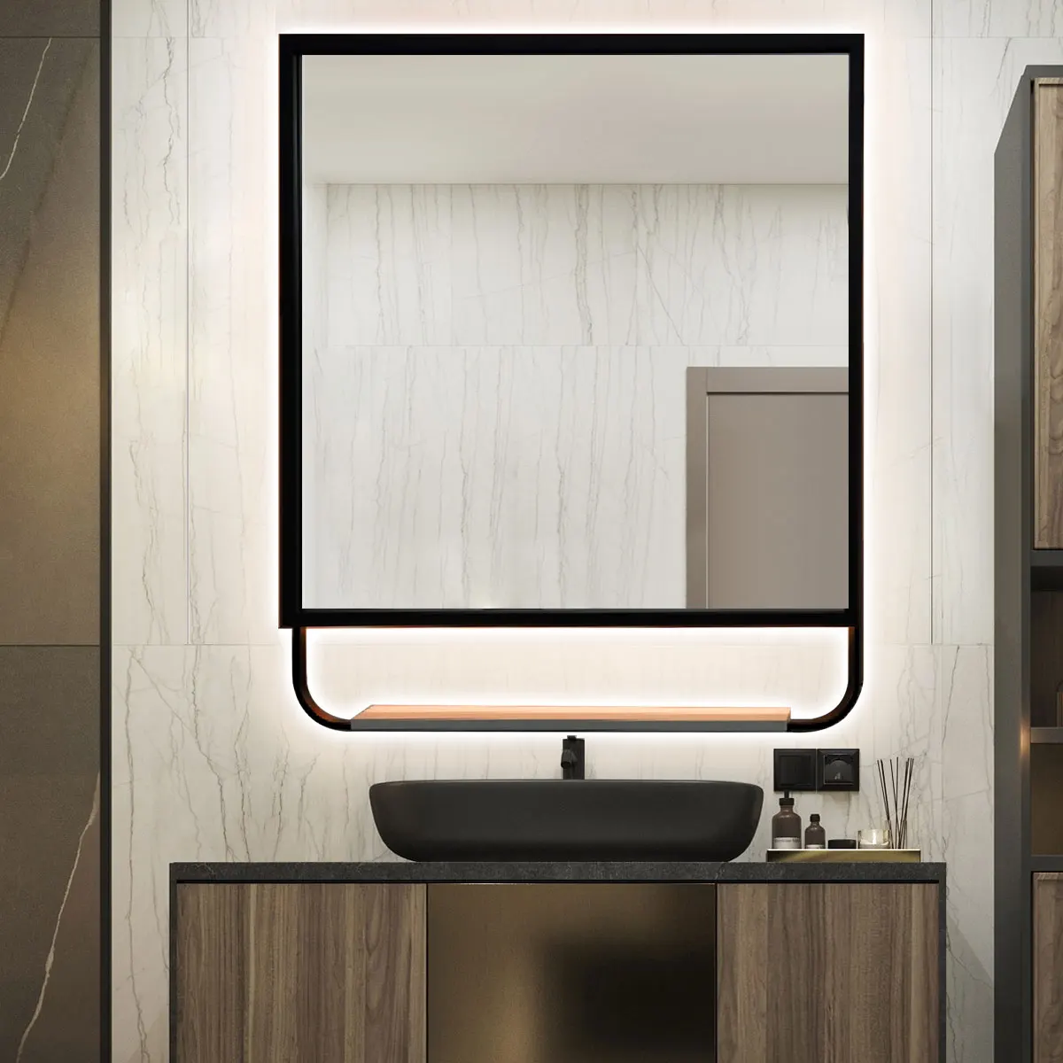 

Light Emitting Diode Rectangular Bathroom Makeup Mirror Wholesaler Metal Frame Wall Mounted Lighting Touch Control Makeup Mirror
