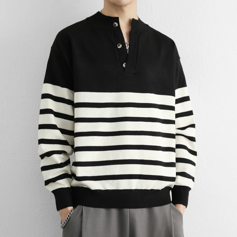 Pullover Button Contrast Striped Versatile Sweater for Men's Casual Fashion Top