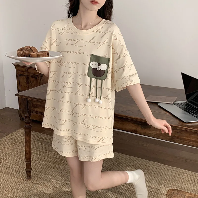 Short-sleeved Pajama Sets Women Print Sweet Sleepwear Comfortable Summer Aesthetic Thin Breathable College Girls Soft Home Daily