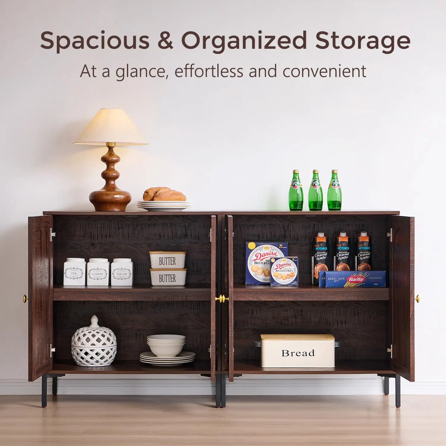 34in Fluted Buffet Sideboard Adjustable Shelves Wooden Coffee Bar Cabinet Dining Kitchen Living Entryway Brown Customized