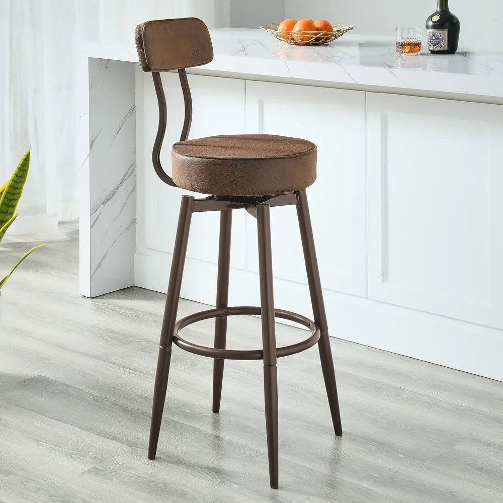 Tabouret de bar rond industriel brun chocolat, 24 ou 29 pouces, avec dos, ensemble de 2 pièces