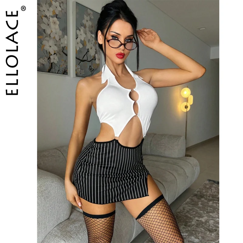 Ellolace Halloween Women's Lingerie Sets Halter Backless Cutout Top Pinstripe Mini Skirt Office Lady Costume Cosplay Party Kit