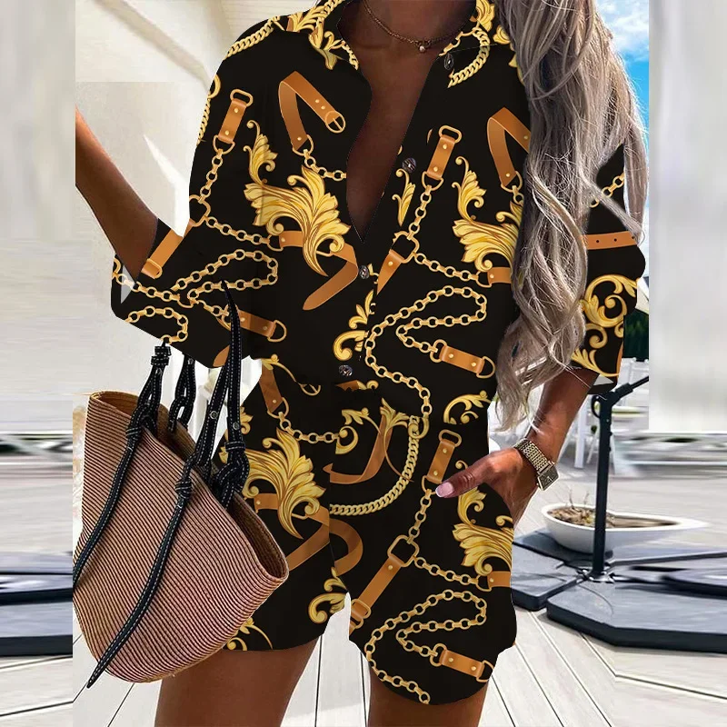 Two Piece Set Women Summer Casual Print Suit Short Sleeve Shirt Streetwear Shorts Sets Y2k 2022 Jogging Loose Sportswear Joggers