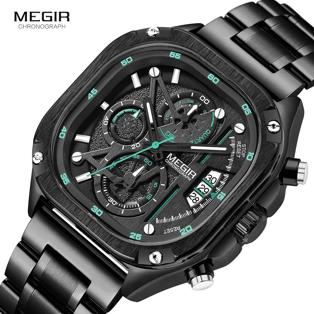 Fashion Megir Black Quartz Watch Men Waterproof Square Dial With Chronograph Full Stainless Steel Strap Luminous Hands Auto Date