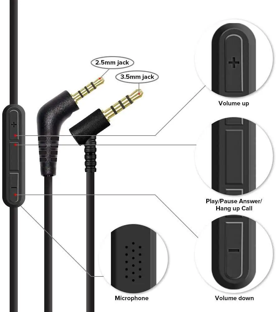 

3.5mm to 2.5mm cable headset replacement line microphone recording line volume control line Suitable for BOSE QC3 headphone