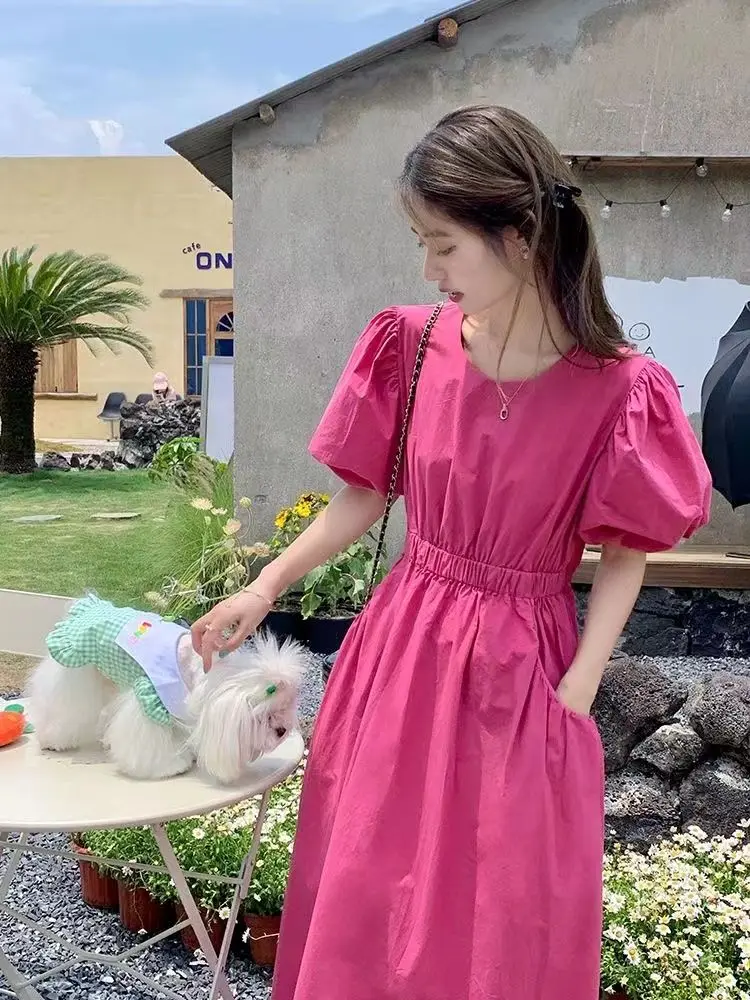 Vestito da vacanza dimagrante temperamento 2024 nuova versione coreana vestito da ragazza a maniche corte con maniche a bolle Casual alla moda