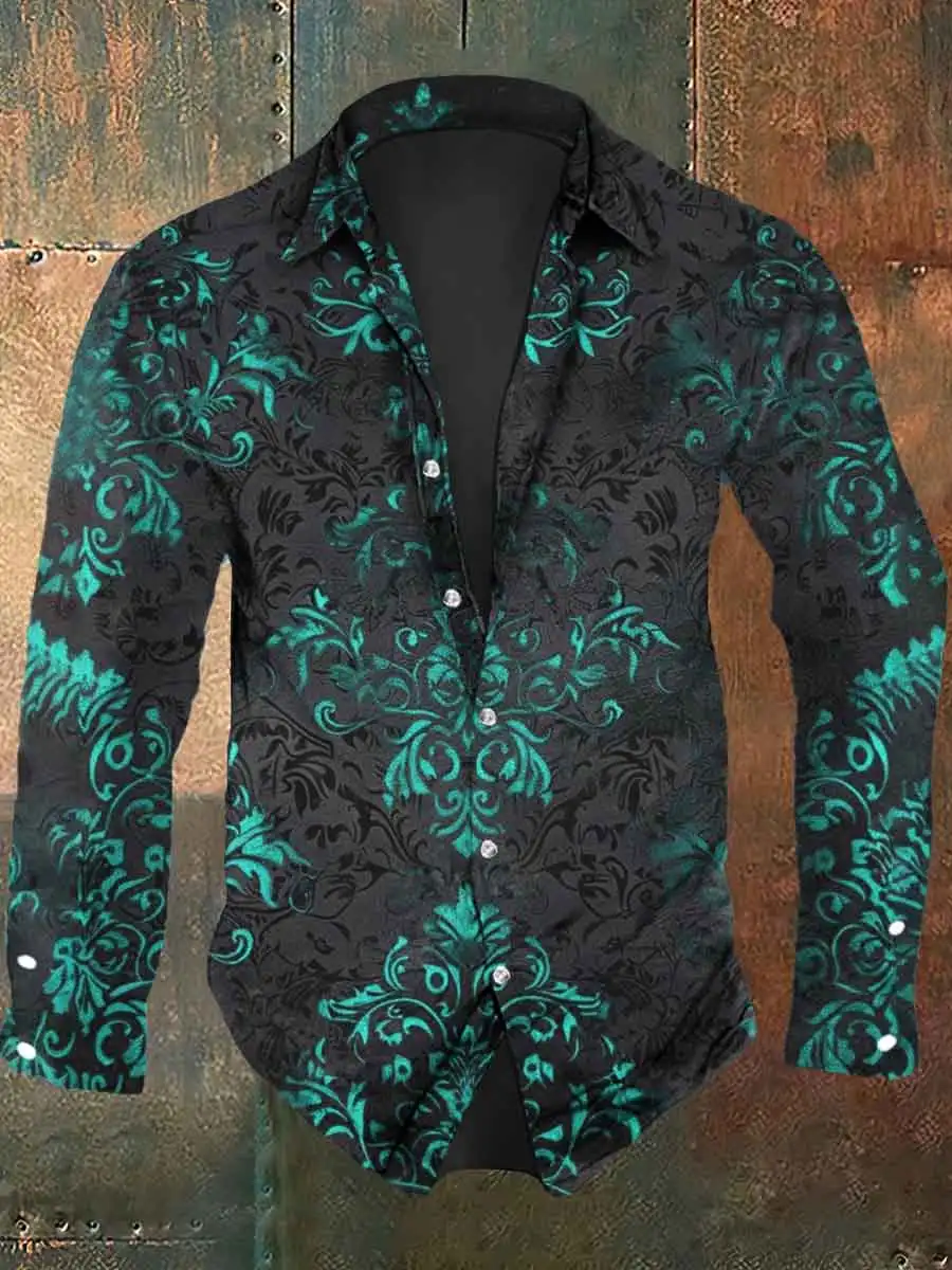 Men's Shirt Regular Lapel Shirt Men's 3D Printing Retro Floral Hip Hop Casual Street Long Sleeve Fashion Printed Shirt