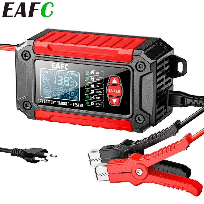 EAFC Fully Automatic Car Battery Charger&Tester 2 in 1 LCD Display 12V 6A SmartCharger for AGM/Deep cyele/lead acid LiFeP04