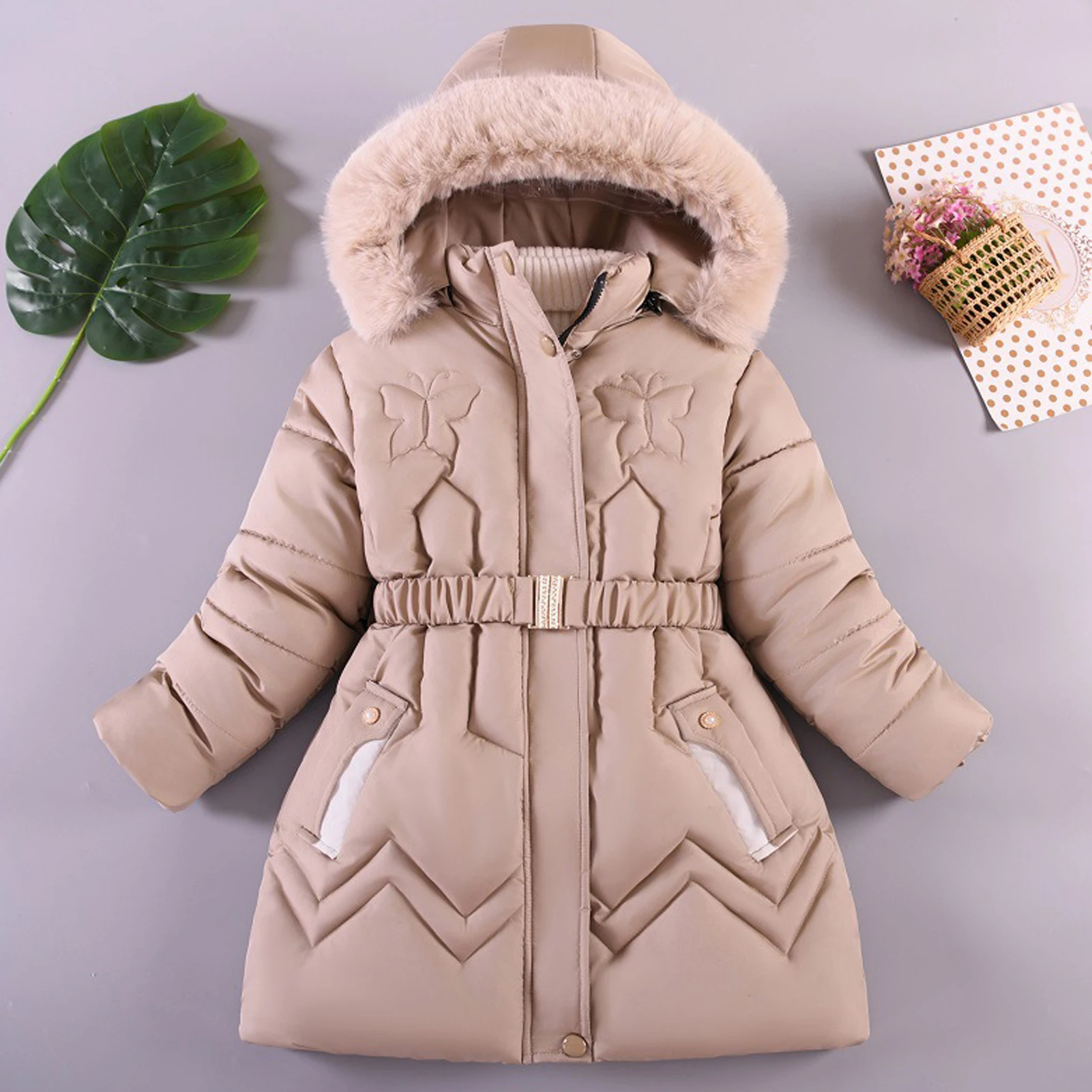 Girls Quilted Coat Winter Warm Cotton-Padded Jacket Boys Girls Puffer Coat Windproof Fur Hood Children's Down Jacket Outerwear