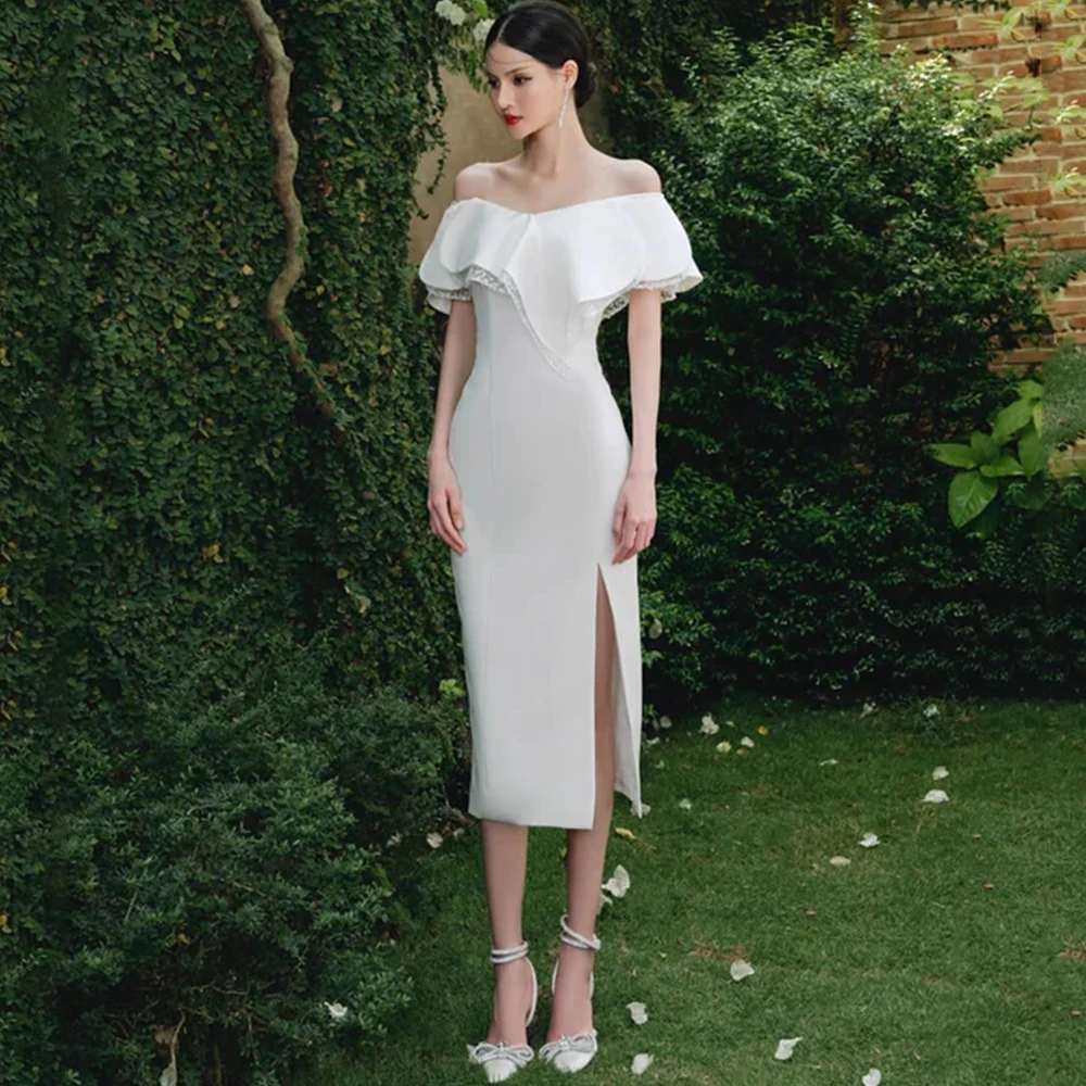 Simple Off the Shoulder Ruffles Short Wedding Dress Short-Sleeve Sheath Side Slit Tea-Length Bridal Open Back Straight Gowns