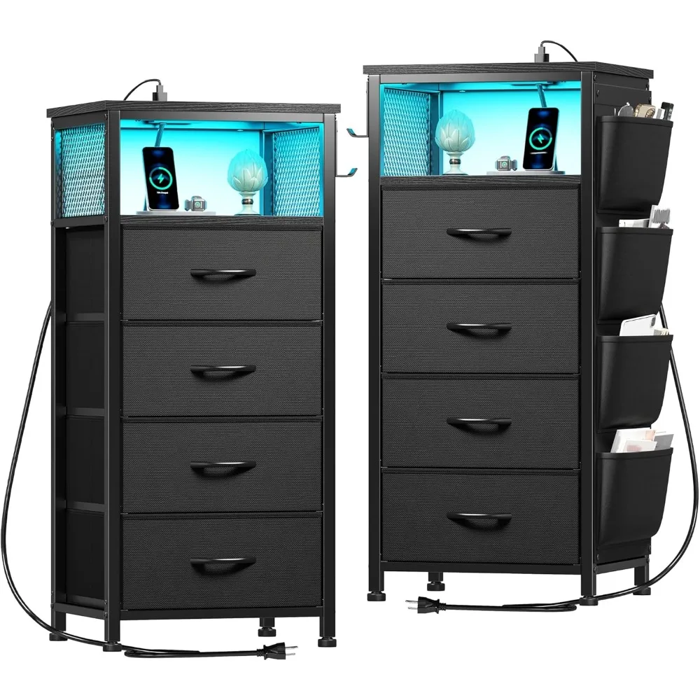 

Black Nightstand Set of 2,Night Stand with Charging Station & LED, Bedside Table with Fabric Drawers and Storage Shelf,